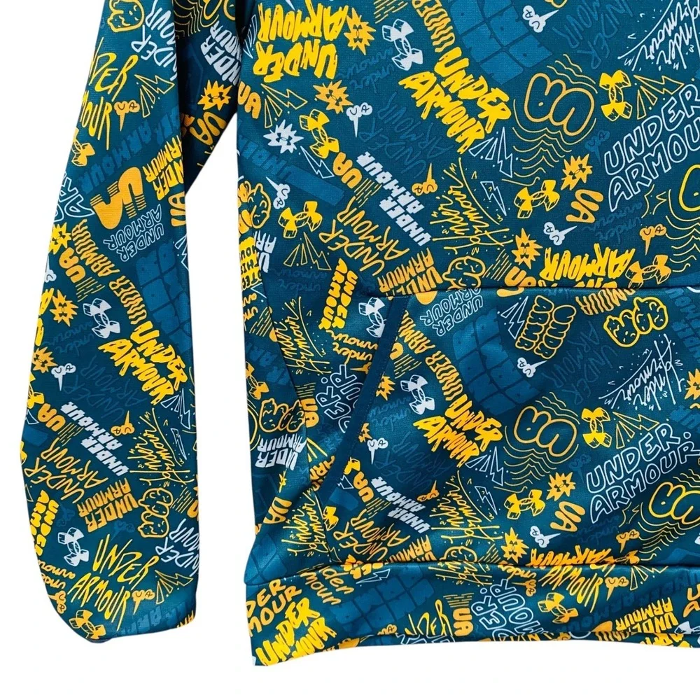 Under Armour Youth Hoodie Graphic Print‎ Teal Yellow Pullover Hooded Sweatshirt